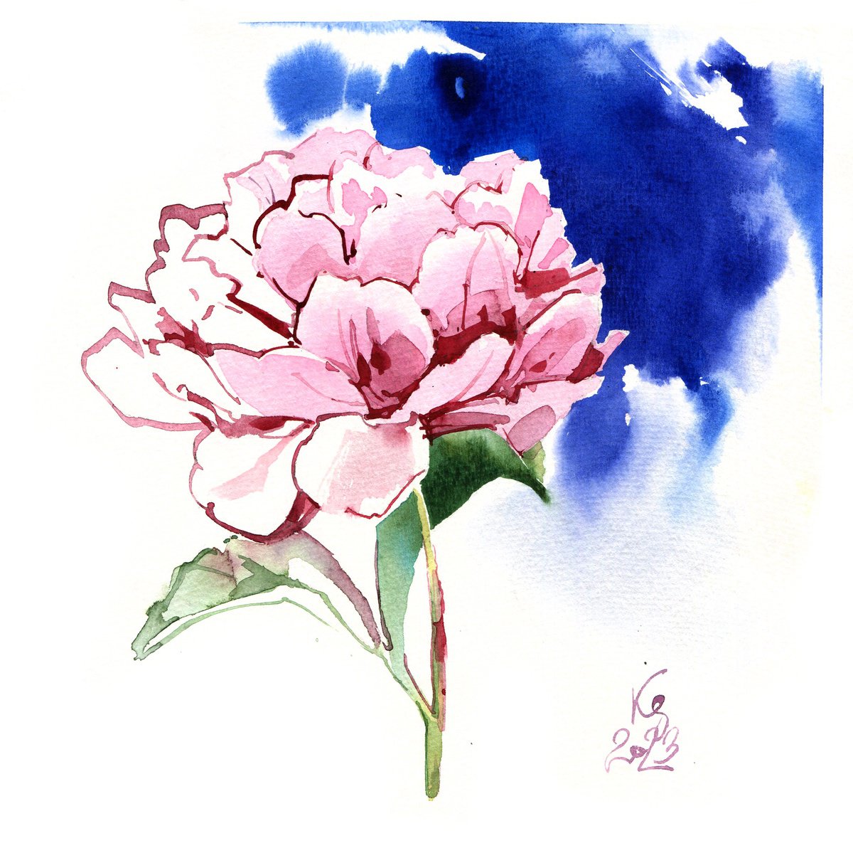 Peony flower original botanical watercolor square format by Ksenia Selianko