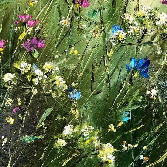 MOTLEY GRASS - Summer. Blooming meadow. Wildflowers. Landscape. Clouds. Wind. Sky. Daisies. Cornflowers.