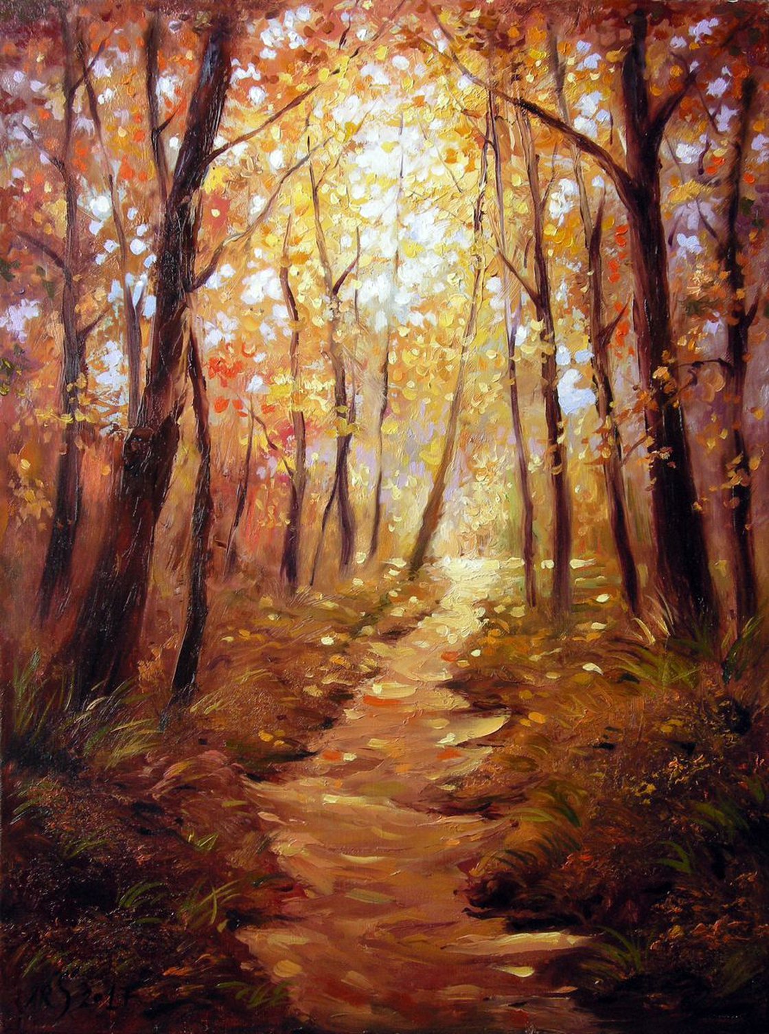 THROUGH THE SUN-DRENCHED FOREST (Impressionistic palette knife oil ...