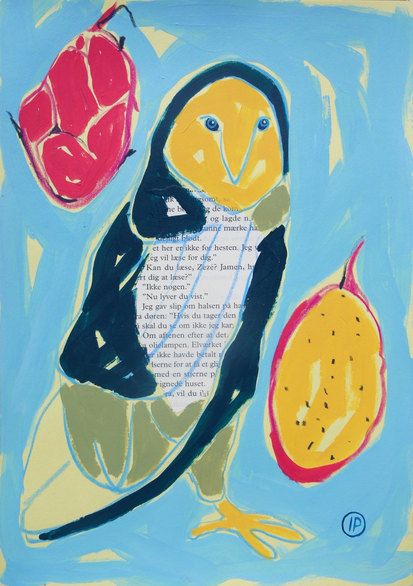 Impressionistic Animal Painting By Irina Plaksina, 8 X 12, Owl And Pitahaya, Original Artwork