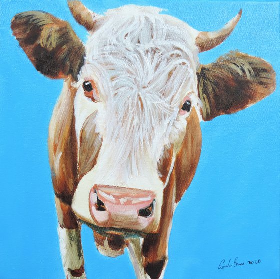 Cow portrait painting in blue