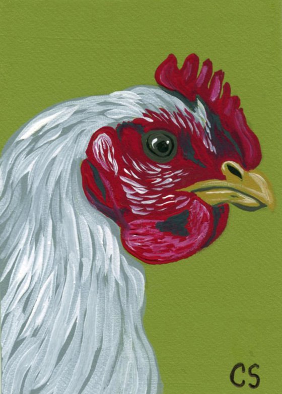 ACEO ATC Original Miniature Painting White Chicken Farmyard Art-Carla Smale