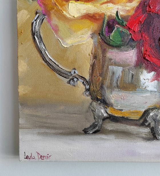 Yelow roses bouquet in Antique Metal Teapot still life bright oil painting 10x12''