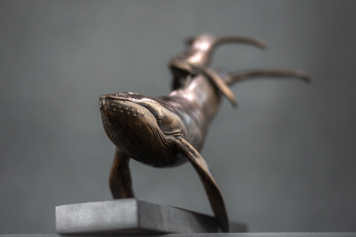 Animal Bronze Sculpture By Tanya Russell, 14 X 9", Whale And Calf Bronze Resin, Original Artwork