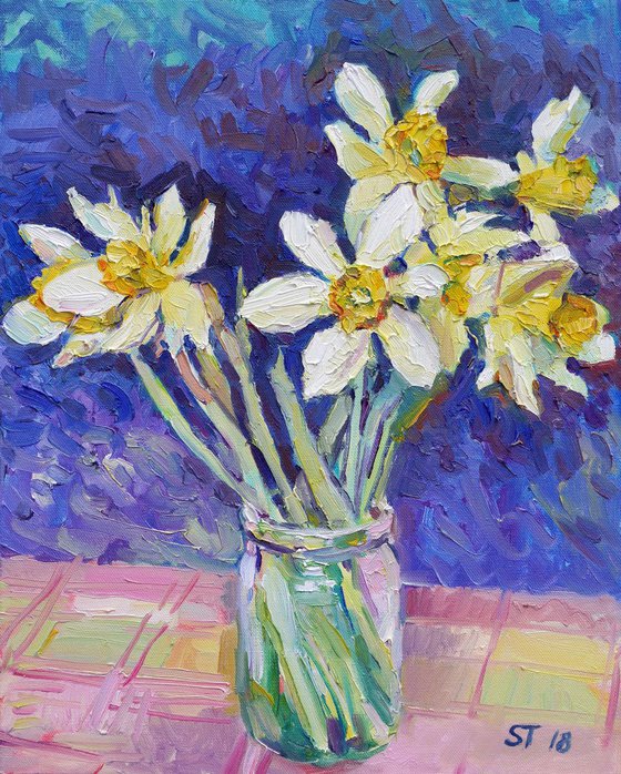 "Spring daffodils " original oil floral painting on canvas,  wall decor, gift idea.