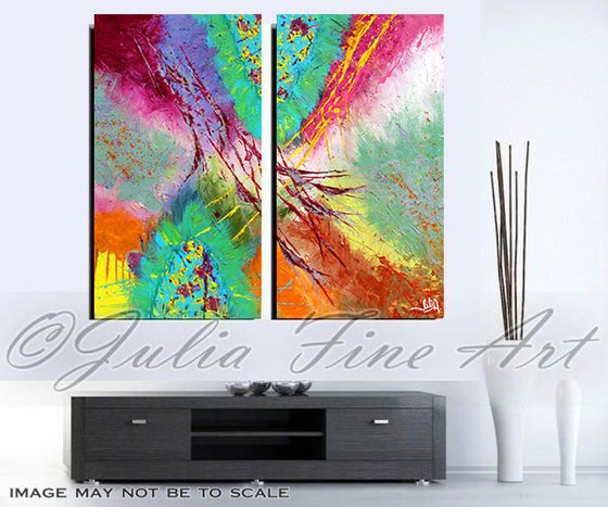 Abstract Painting, Original Diptych, Contemporary, Two Part, Modern Wall Decor, Colorful Canvas, Surreal, Peacock, Floral, Zen, Ready to hang, Multicolor Art ''Wings of Happiness''