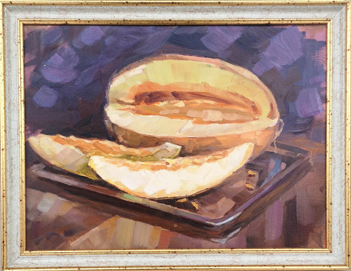 Impressionistic Still Life Oil Painting By Olga Samar, 18 X 14", Ripe Melon, Original Artwork