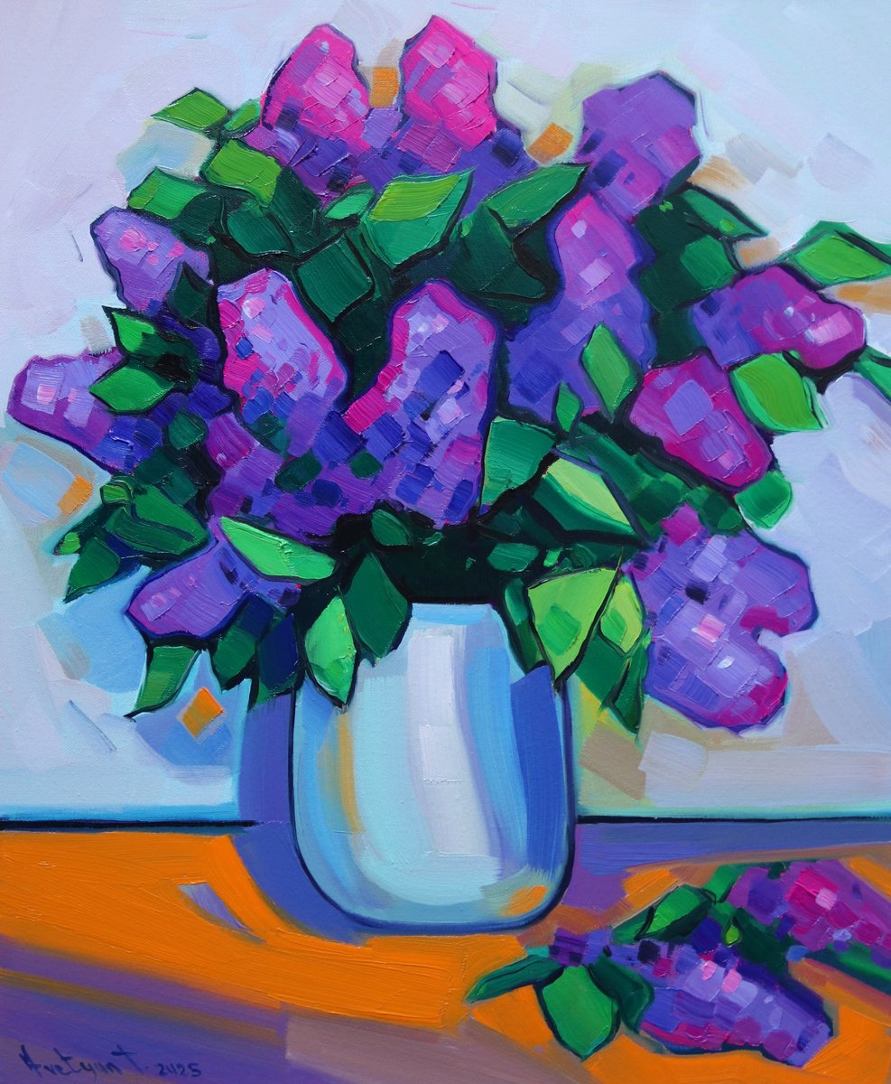 Expressive Botanical Oil Painting By Tigran Avetyan, 18 X 22", Lilacs, Original Artwork