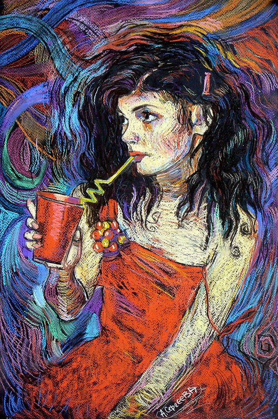 Girl in red with a cocktail in her hand