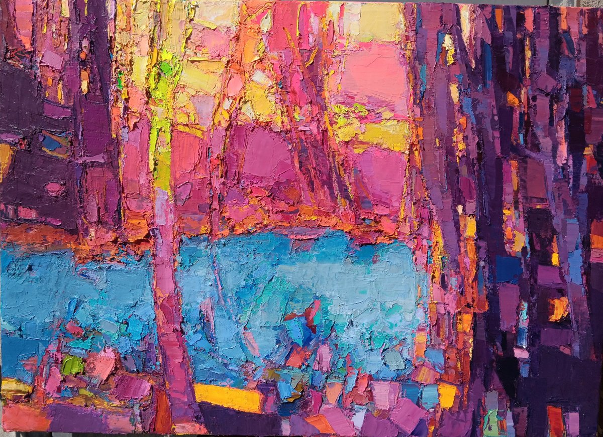 Expressive Landscape Oil Painting By Ruslan Khais, 42 X 30", Evenfall In Purple, Original Artwork