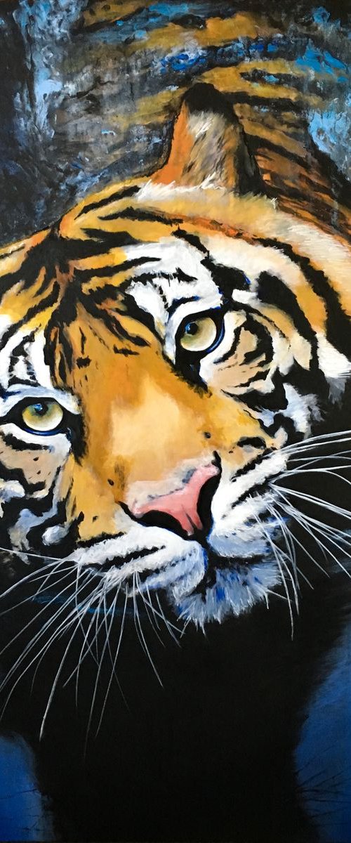 Tiger in blue water, large artwork by Paul Hardern