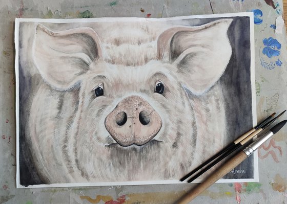 Piglet grew up... Watercolor painting on paper. Original artwork by Svetlana Vorobyeva