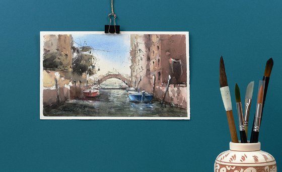 Venice, scene painted in watercolour. Venice watercolors.