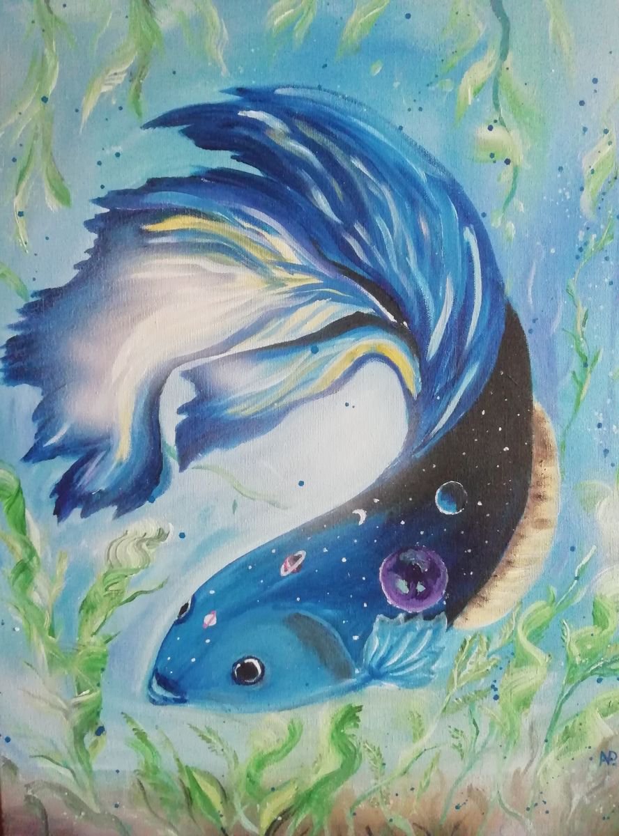 World in a fish, original surreal acrylic painting, wall decor, gift idea by Nataliia Plakhotnyk