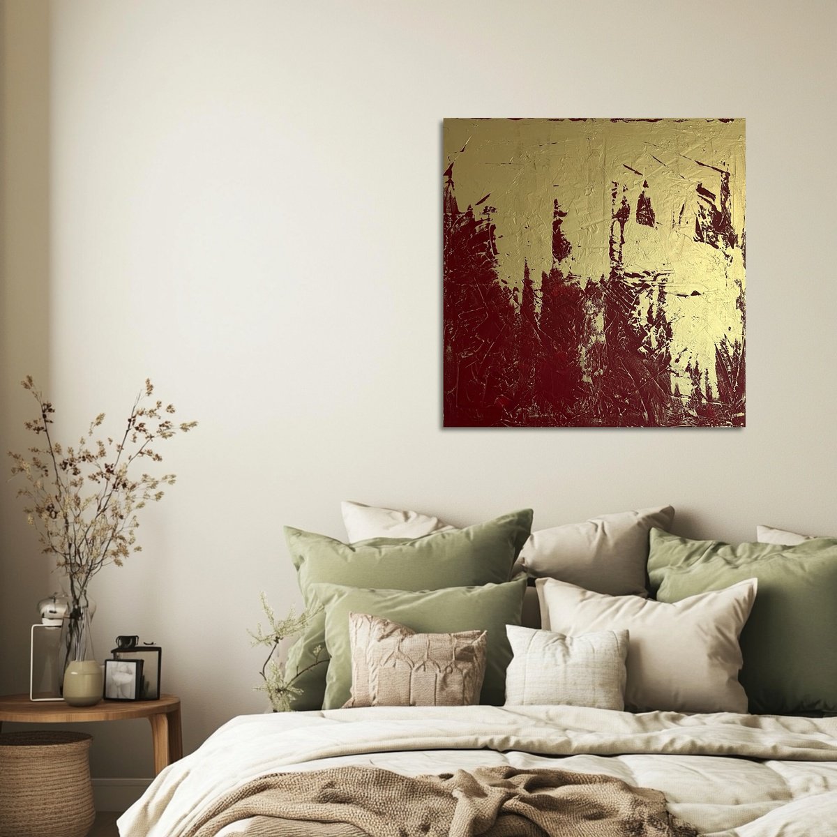 Abstract Acrylic Painting By Exclusive Arts, 31 X 31, Greengold On Red, Original Artwork