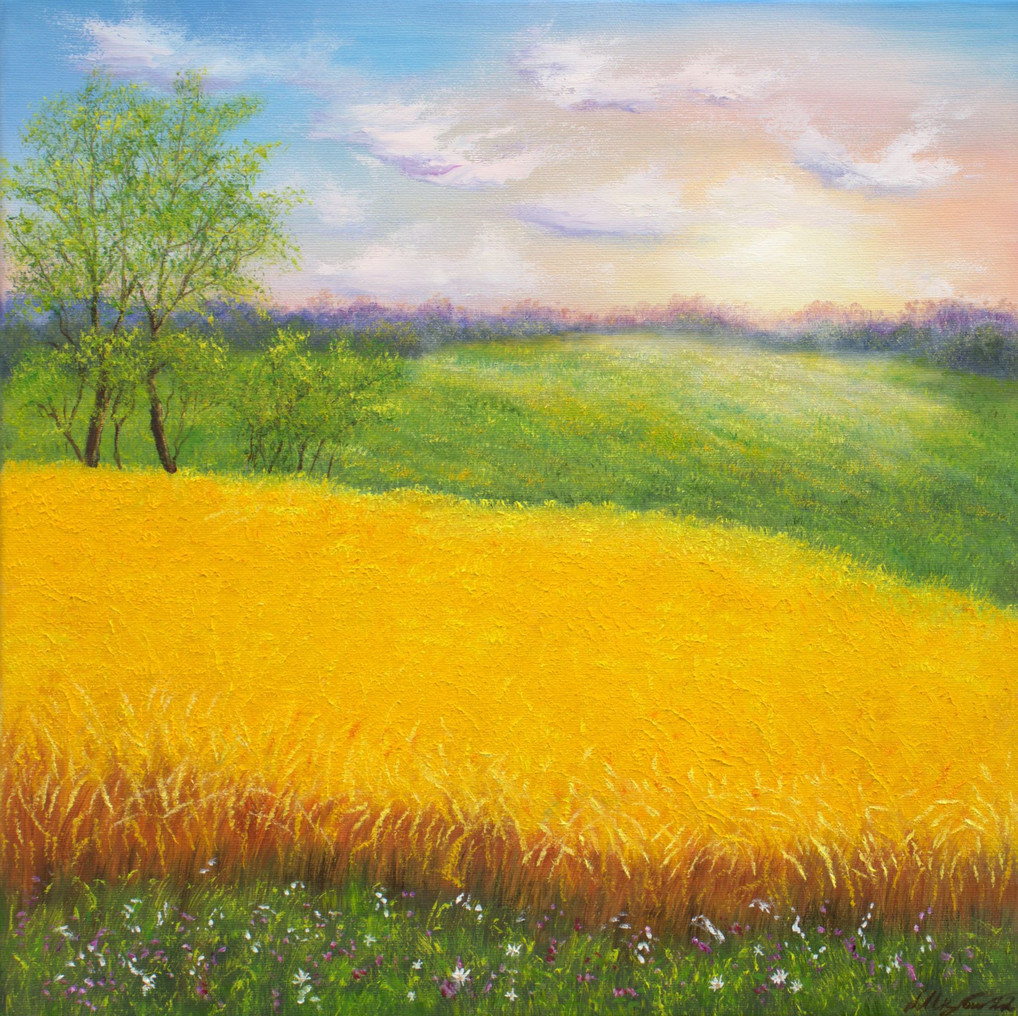 Photorealistic Landscape Oil Painting By Ludmilla Ukrow, 20 X 20", Sunrise At The Wheat Field, Original Artwork