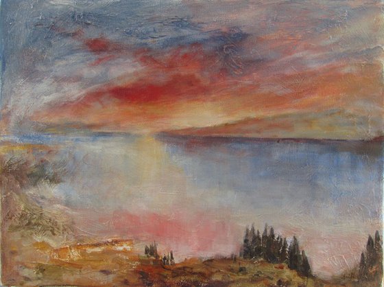 Italian Sunset. Semi abstract classical landscape on canvas 30x40cm.
