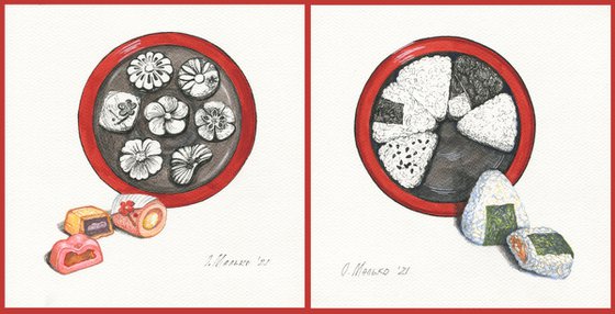 Japanese cuisine. Onigiri & Wagashi / Original diptych Food drawing Japanese style Kitchen decor Dining room wall art