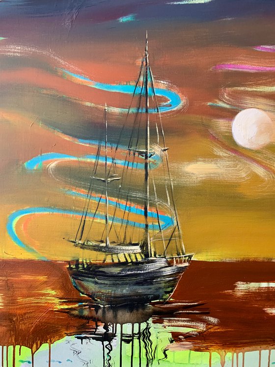 Big Vertical painting - "Orange sunset" - Boat - Sailboat - Seascape - Ocean - Sunset