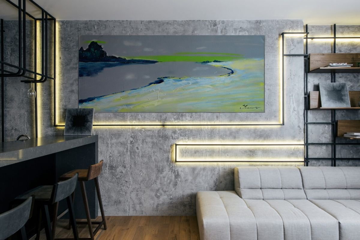 Impressionistic Landscape Oil Painting By Yaroslav Yasenev, 47 X 22", Silver Bank, Original Artwork