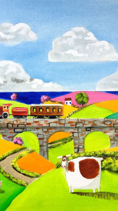 Cow red train Folk art patchwork fields by Gordon Bruce