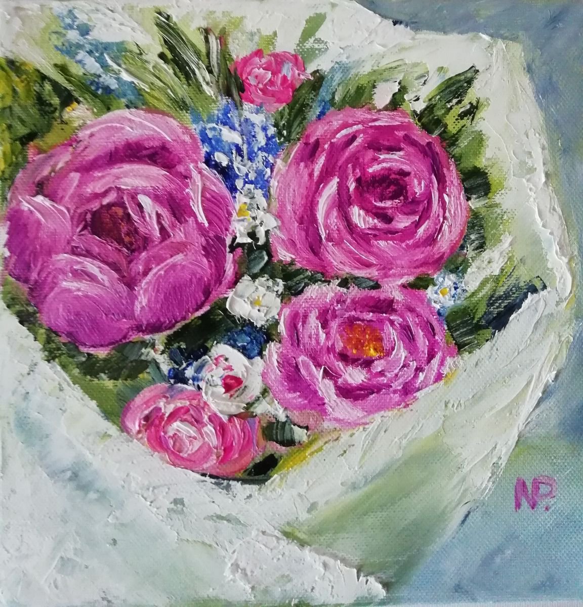 Gift for her, flowers, peony, small, original oil painting by Nataliia Plakhotnyk