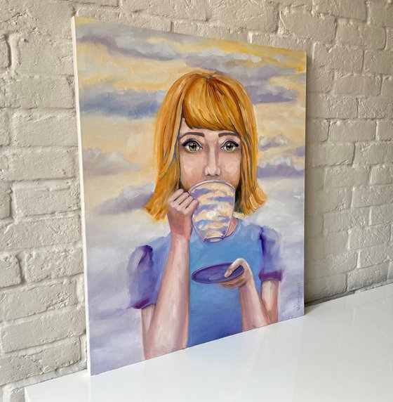 "The sun in a cup". Portret. girl original oil painting. Surrealistic