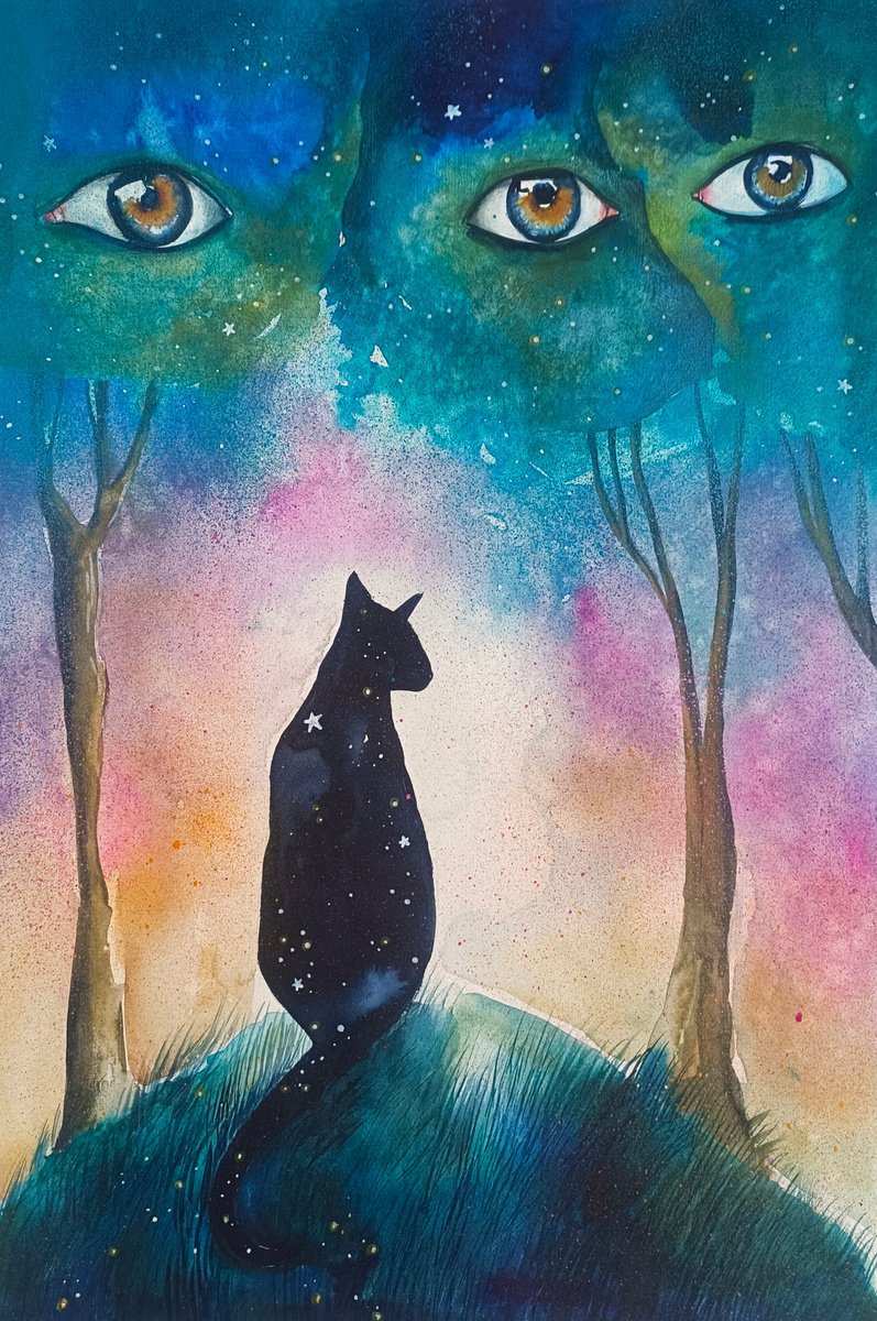 Surrealistic Animal Painting By Evgenia Smirnova, 15 X 22, Between Eyes And Stars, Original Artwork