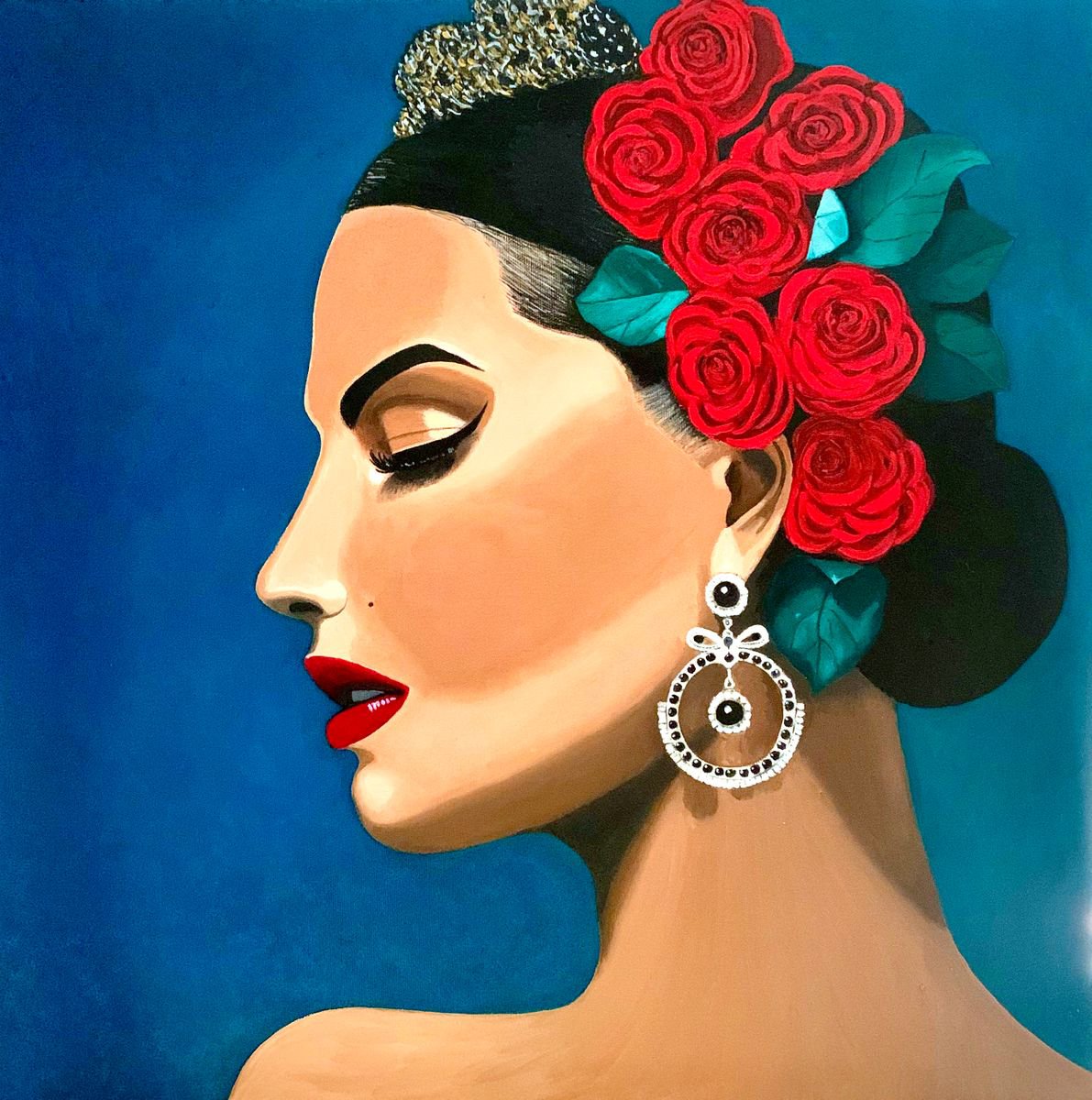 Photorealistic Portrait Oil Painting By Caroline Millott, 24 X 24, Beautiful Flamenco, Original Artwork