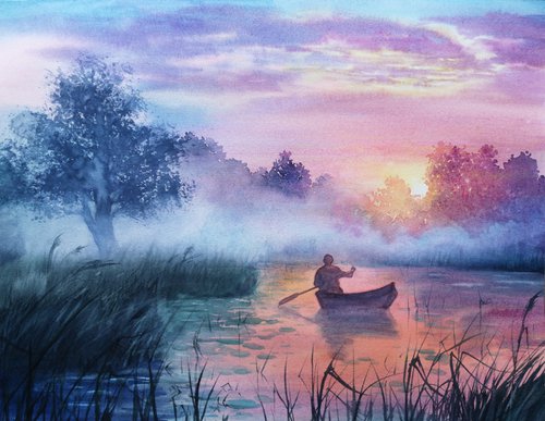 Early Morning Fishing on The River  - Mist - Morning Fog by Olga Beliaeva Watercolour
