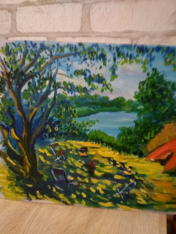 Camping With Friends. Plein Air Oil Painting
