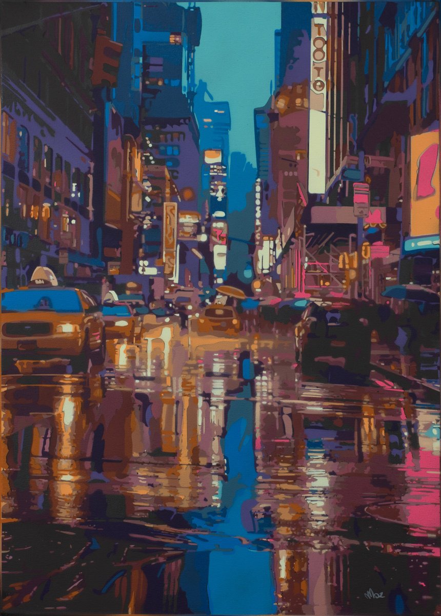 Urban And Pop Cityscapes Painting By Marco Barberio, 20 X 28", New York City Rain #9, Original Artwork