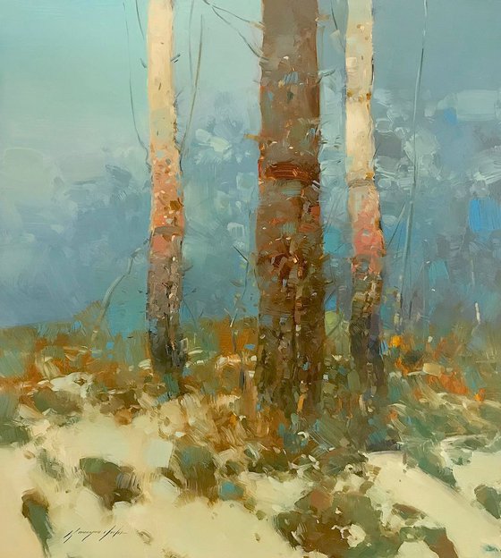 Birches, Landscape oil painting, Handmade artwork