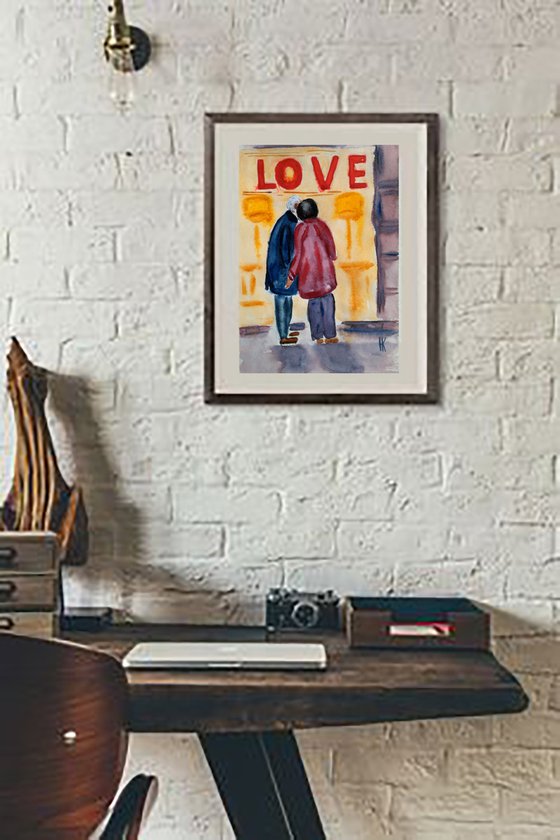 Couple Painting Figurative Original Art NYC Watercolor New York Artwork Small Home Wall Art 8 by 12" by Halyna Kirichenko