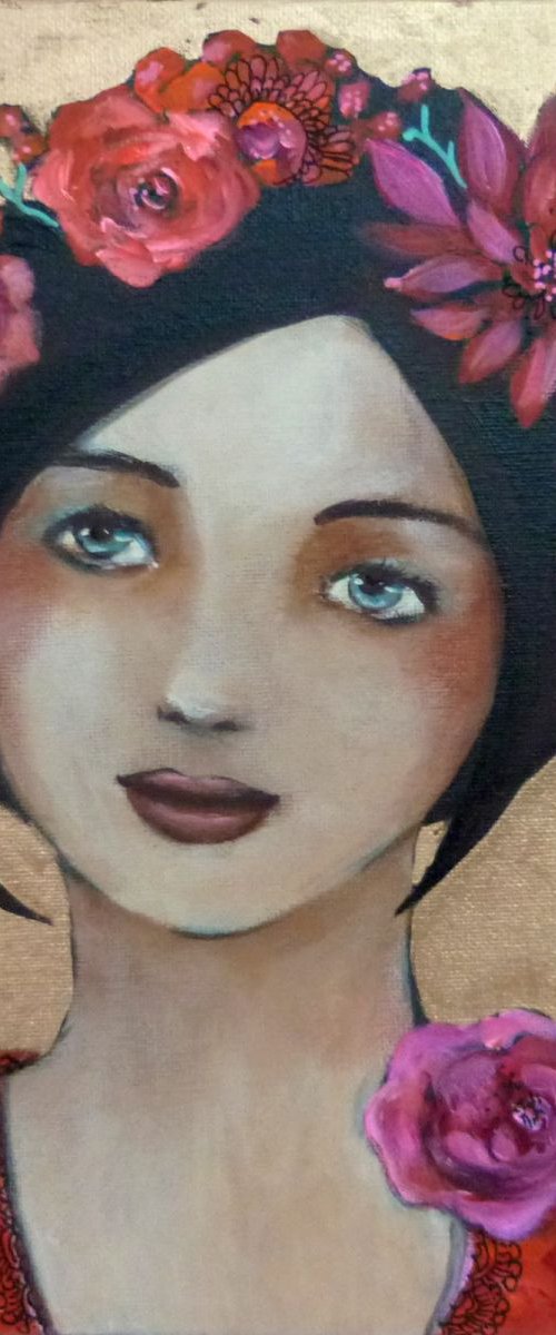 Woman portrait "Mina in May" acrylic on canvas 30x30cm by Loetitia Pillault