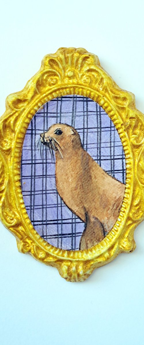 Mediterranean monk seal, part of framed animal miniature series "festum animalium" by Andromachi Giannopoulou