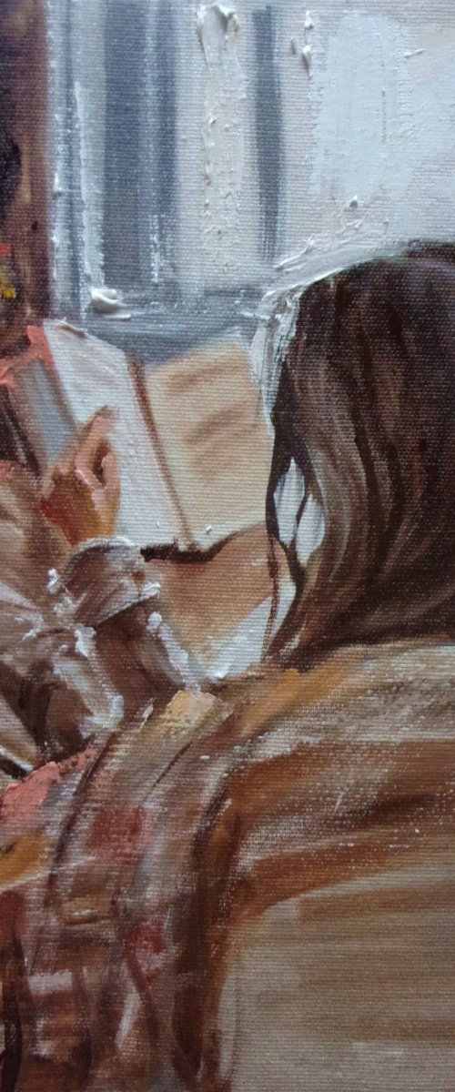 " DECEMBER WITH BOOK " book lover original painting window WINTER palette knife GIFT brown by Monika Luniak