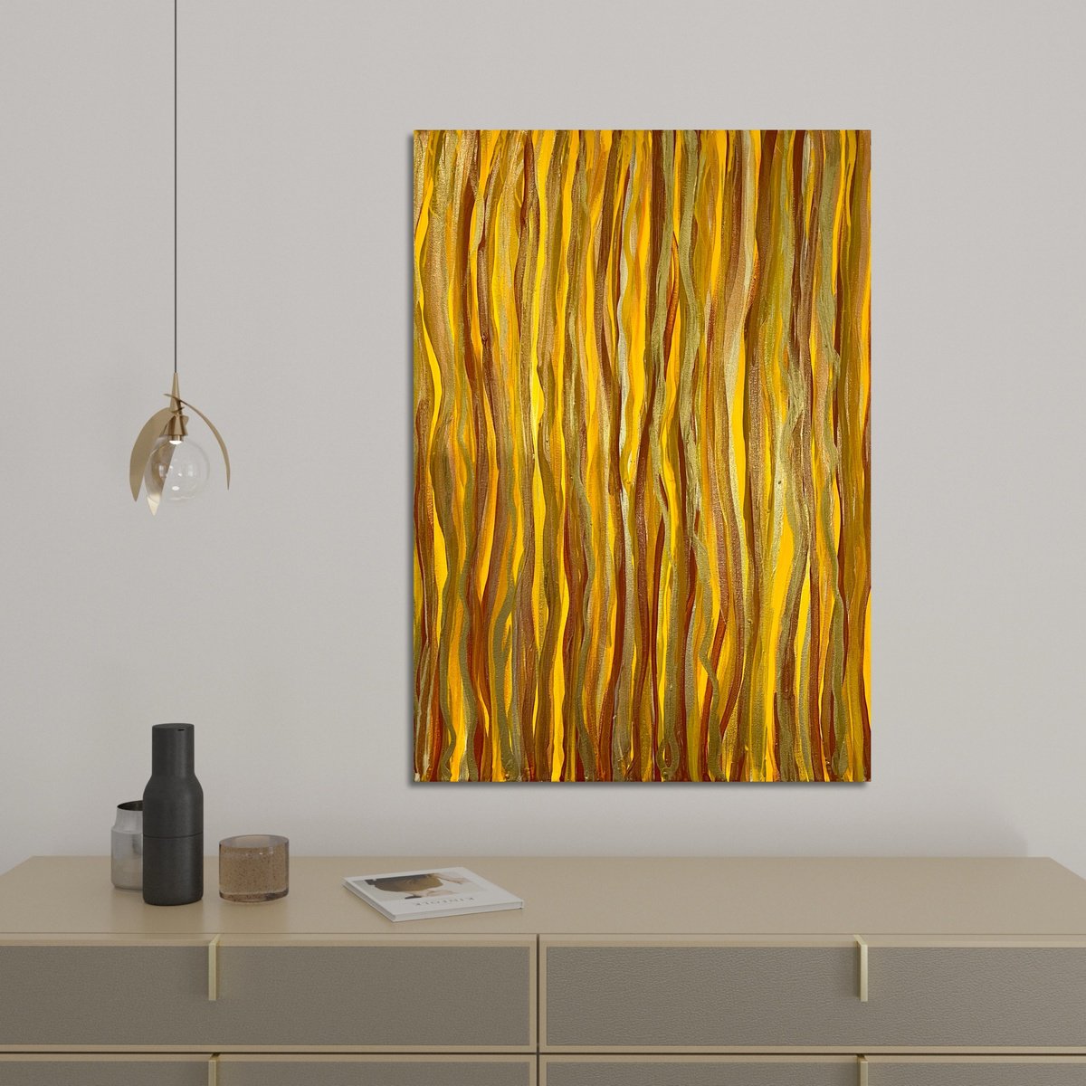 Abstract Acrylic Painting By Exclusive Arts, 20 X 28, Hand-Painted Yellow Gold, Original Artwork