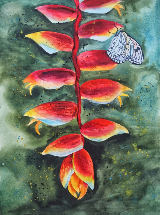 Exotic flower and butterfly - original watercolor