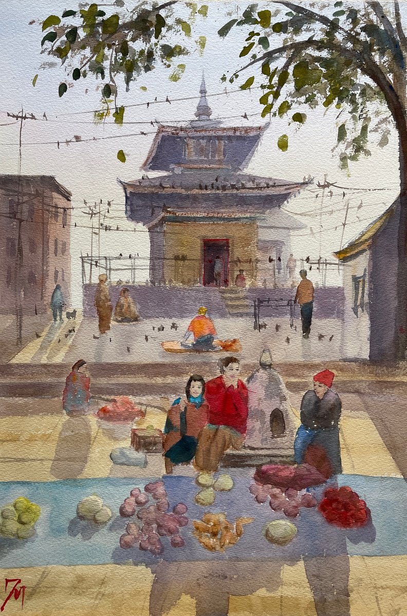 Impressionistic Portrait Watercolour By Shelly Du, 15 X 22", Nepal Morning Market, Original Artwork