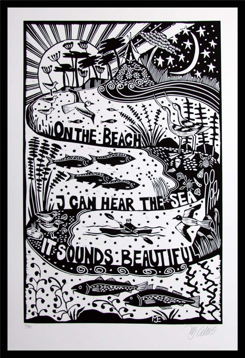 On the Beach, XL black and white linocut by Mariann Johansen-Ellis