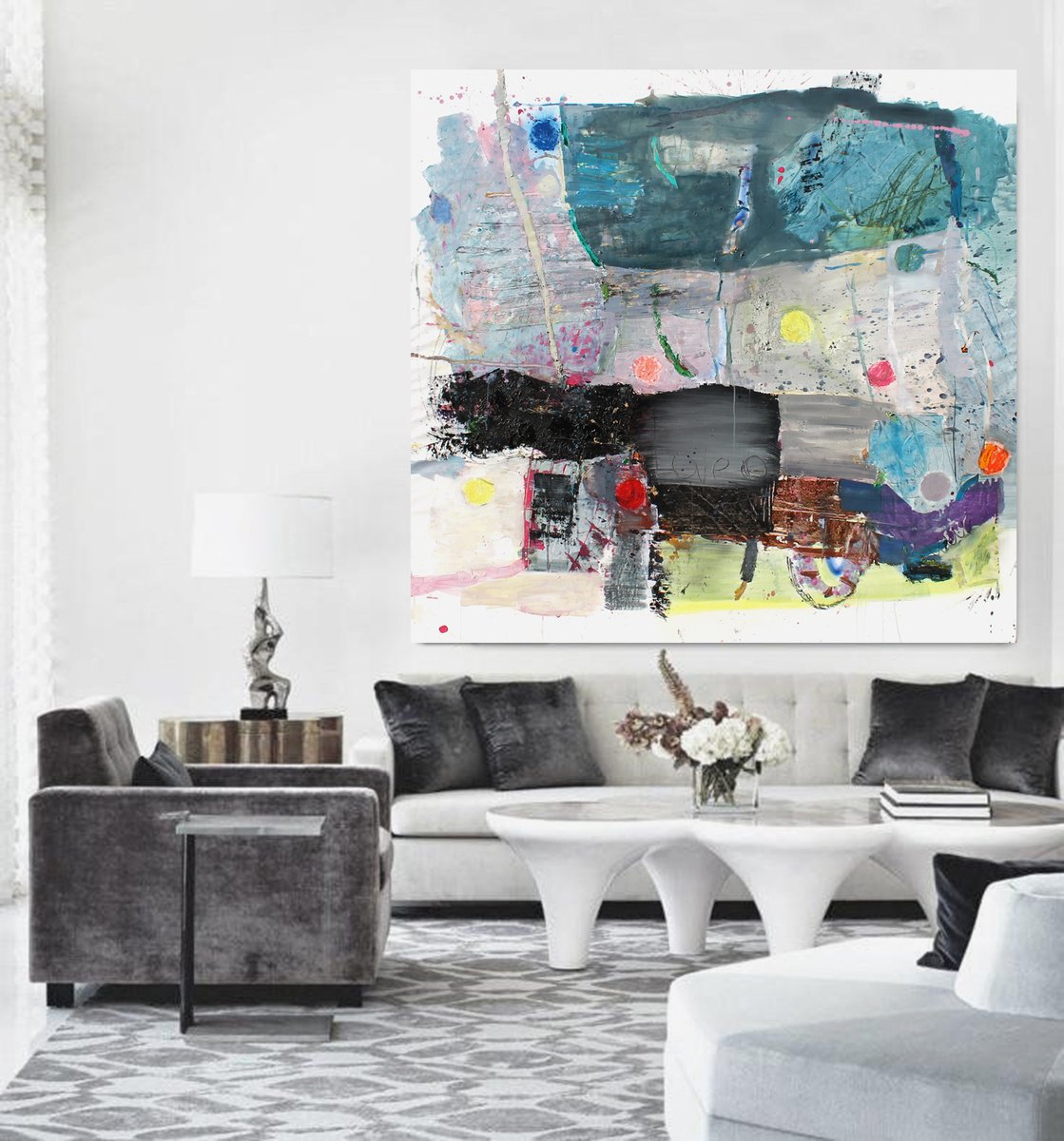 Geometric Abstract Acrylic Painting By Sergiy Dekalyuk, 81 X 76", Games Under The Summer Rain, Original Artwork