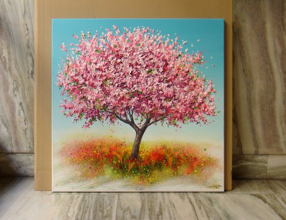 ”Spring Blooming Tree” 35.4" Large Mixed Media Painting