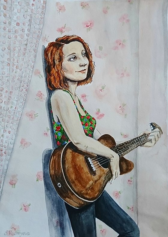 Girls don't play guitar. Original watercolor painting by Svetlana Vorobyeva
