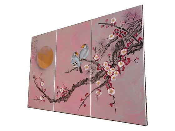 Japanese sakura J320 - large silver pink triptych, original art, japanese style paintings by artist Ksavera