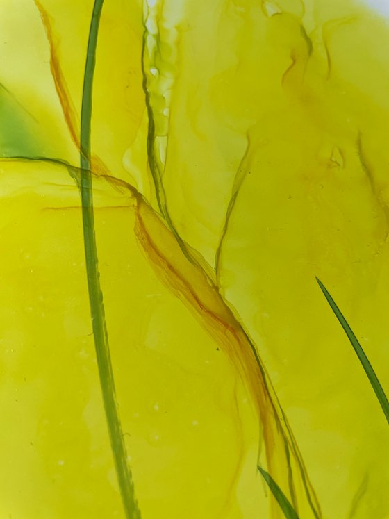 YELLOW GREEN FLOWER, ABSTRACTION - alcohol ink , plastic paper