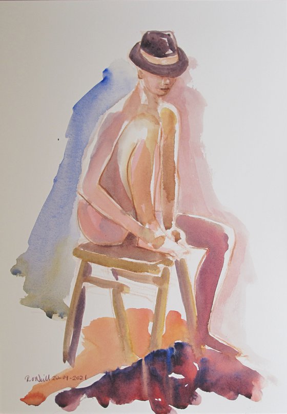 Seated female nude with hat