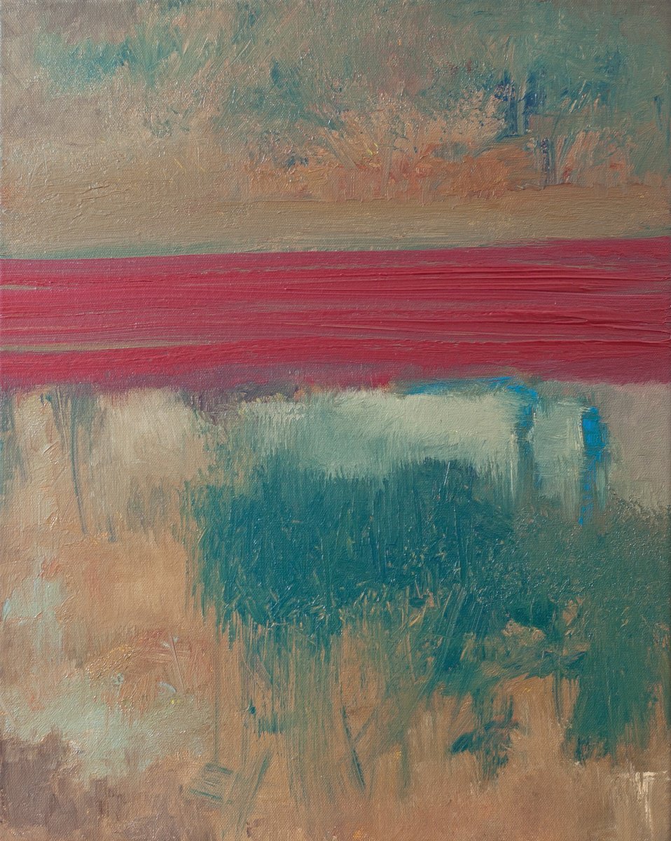 Abstract Landscape Oil Painting By Thomas Hjelm, 17 X 21", Crimson Waters, Original Artwork