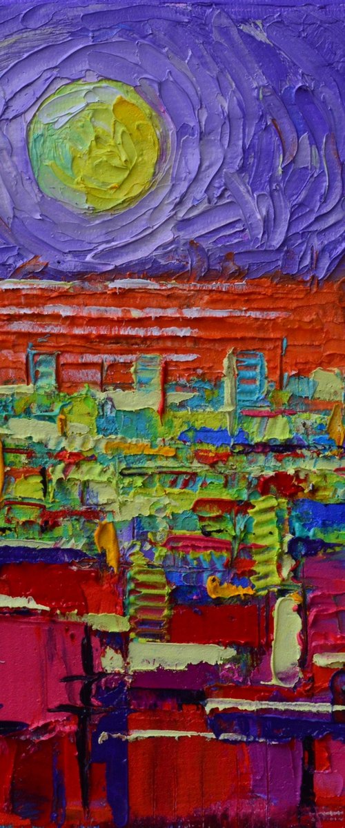 ABSTRACT CITY SKYLINE WITH ORANGE SEA AND LIME MOON ON PURPLE SKY textural impasto palette knife oil painting contemporary art by ANA MARIA EDULESCU by ANA MARIA EDULESCU
