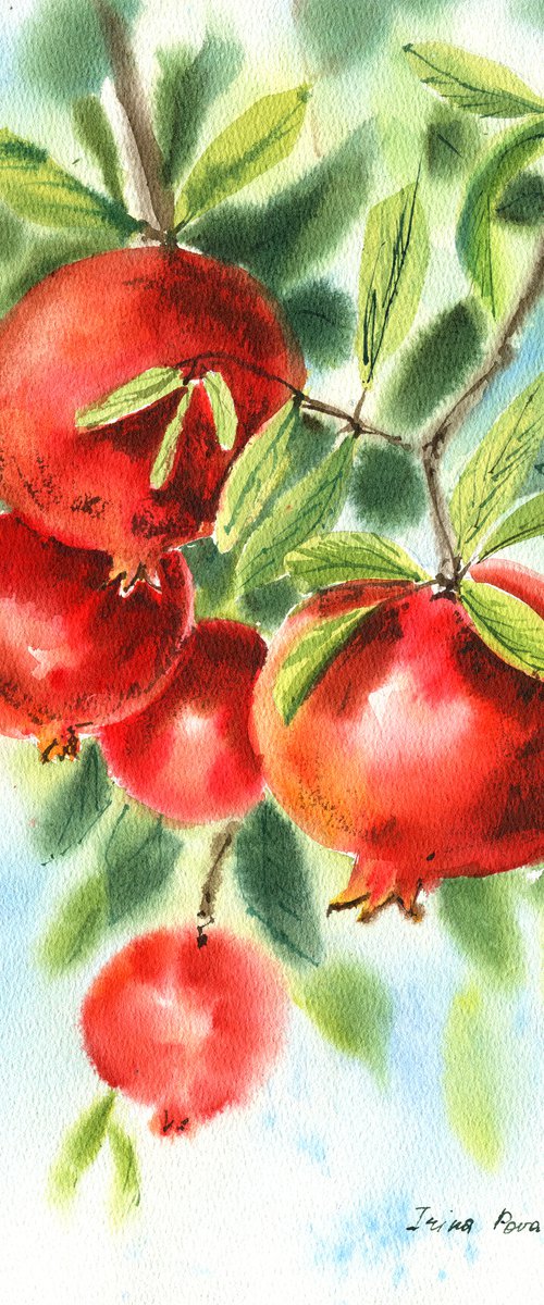 Pomegranate original watercolor painting, red fruits green leaves decor for dinner room, bedroom decor, gift for her by Irina Povaliaeva